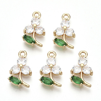 Transparent Glass Pendants, with Golden Tone Brass Findings, Faceted, Flower, Sea Green, 17x10x3.5mm, Hole: 1.6mm