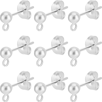 60Pcs 304 Stainless Steel Ball Stud Earring Post, Stud Earring Findings, with Vertical Loops & 60Pcs Ear Nuts, Silver, 15x4mm, Hole: 1.8mm, Pin: 0.8mm
