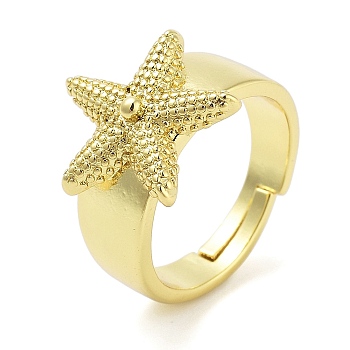 Brass Open Cuff Rings for Women, Real 18K Gold Plated, Starfish, 16.5x16mm, Inner Diameter: 18mm