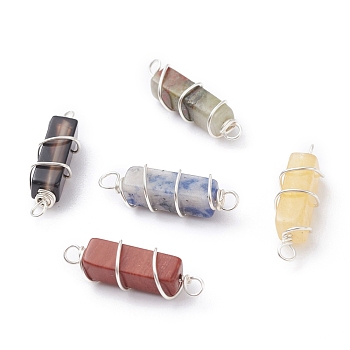 Natural Mixed Gemstone Links, with Silver Eco-Friendly Copper Wire, Cuboid, 19~21.5x5.5~6x5.5~6mm, Hole: 1.8mm
