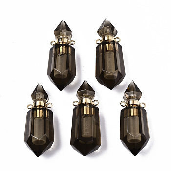 Faceted Natural Smoky Quartz Pendants, Openable Perfume Bottle, with Golden Tone Brass Findings, Hexagon, 40~41.5x15x13.5mm, Hole: 1.8mm, Bottle Capacity: 1ml(0.034 fl. oz)