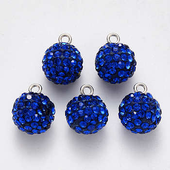 Polymer Clay Rhinestone Charms, with Platinum Plated Iron Loop, Round, Pave Disco Ball, Sapphire, PP16(2.2~2.3mm), 15x12mm, Hole: 2mm