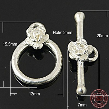 925 Sterling Silver Toggle Clasps, Ring: 15x11mm, Bar: 19x8mm, Hole: 2mm