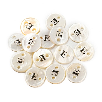 Freshwater Shell Buttons, Flat Round , Letter E, 12x2mm, Hole: 1.6mm