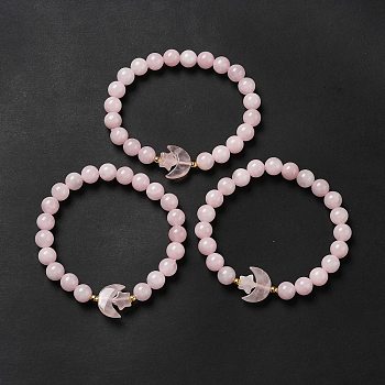 Natural Rose Quartz Moon and Star Beaded Stretch Bracelet for Women, Inner Diameter: 2-1/8 inch(5.5cm)