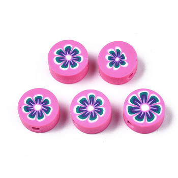 Handmade Polymer Clay Beads, for DIY Jewelry Crafts Supplies, Flat Round with Flower, Hot Pink, 9.5~10x4.5mm, Hole: 1.8mm