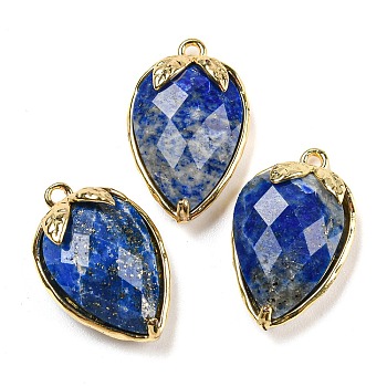 Natural Lapis Lazuli Faceted Pendants, Rack Plating Brass Strawberry Charms, Golden, 18x11x5~5.5mm, Hole: 1.2mm