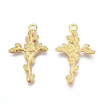 Ion Plating(IP) 201 Stainless Steel Pendants, Cross with Flower, Real 18K Gold Plated, 30x18.5x1.5mm, Hole: 1.8mm