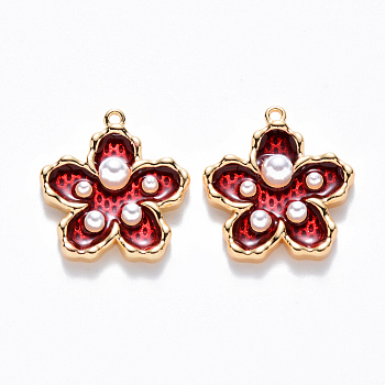 Brass Enamel Pendants, with ABS Plastic Imitation Pearl, Nickel Free, Flower, Real 18K Gold Plated, FireBrick, 16.5x15.5x4mm, Hole: 1mm