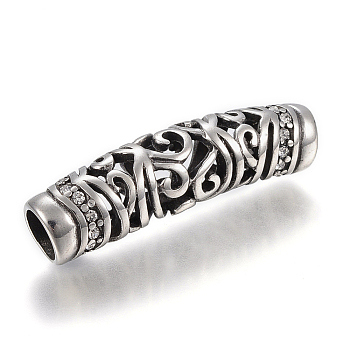 304 Stainless Steel Tube Beads, with Rhinestone, Antique Silver, 40x10mm, Hole: 6mm