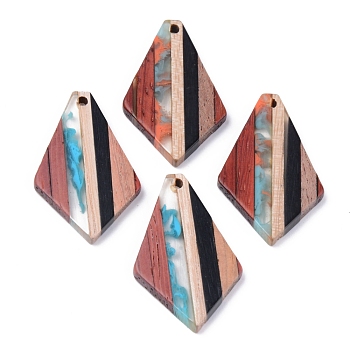 Resin & Walnut Wood Pendants, Rhombus, Colorful, 33x20x2~3mm, Hole: 2mm