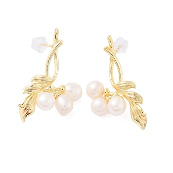Natural Pearl Ear Studs, with Brass Findings and 925 Sterling Silver Pins, Cherry, Real 14K Gold Plated, 20x17.5mm