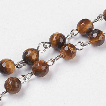 Natural Tiger Eye Handmade Beaded Chains, Unwelded, with Platinum Plated Iron Eye Pin, Faceted Round, 14x6~7mm, 39.37 inch(1m)/strand, about 83pcs/m