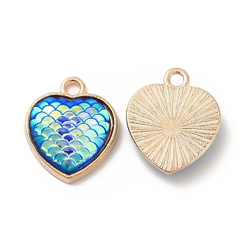 Alloy Resin Pendants, AB Color, Heart Charms with Scales Pattern, Golden, Blue, 16.6x14x3.5mm, Hole: 2mm