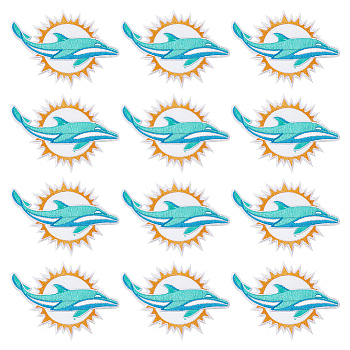 Sun & Dolphin Polyester Embroidery Cloth Iron On/Sew On Patches, Costume Accessories, Turquoise, 69x100x1mm