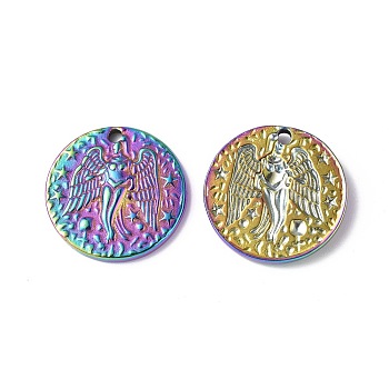 Ion Plating(IP) 304 Stainless Steel Pendants, Textured, Flat Round with Angel Charm, Rainbow Color, 20x2.5mm, Hole: 1.8mm