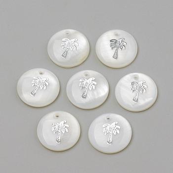 Freshwater Shell Pendants, Flat Round & Coconut Tree, Platinum, 16x3.5~4mm, Hole: 1.2mm