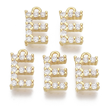 Brass Micro Pave Cubic Zirconia Charms, Nickel Free, Letter, Clear, Real 18K Gold Plated, Letter.E, 13x7.5x2.5mm, Hole: 1.2mm
