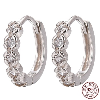 Rhodium Plated 925 Sterling Silver Hoop Earring, with Micro Pave Clear Cubic Zirconia, Flower, Platinum, 11x2mm, Pin: 0.6mm