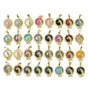 Natural & Synthetic Mixed Gemstone Flat Round Shaped Brass Pendants, Rack Plating, Cadmium Free & Lead Free, Golden, Mixed Dyed and Undyed, 29.5x21.5x9.5~11mm, Hole: 7.5x4.5mm