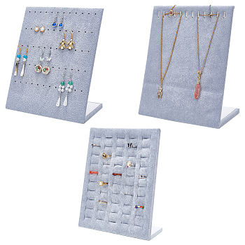Elite 3Pcs 3 Styles Velvet Finger Ring & Necklace & Earring Display Stands, Jewelry Display Rack, L-Shaped, Rectangle, with Imitation Pearl Head Pins, Light Grey, 19.5~20x9.8~10.5x24.2~25.3cm, 1pcs/style