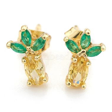 Real 18K Gold Plated Green Food Brass+Cubic Zirconia Stud Earring Findings