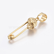 304 Stainless Steel Pendants Rhinestone Setting, Safety Pin with Skull, Golden, Fit For 4mm Rhinestone, 44.5x11x11.5mm, Hole: 12x6mm(STAS-H450-44G)