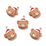 Christmas Opaque Resin Pendants, with Platinum Tone Iron Loops, Bear with Christmas Hat Charm, Camel, 27x22x7.5mm, Hole: 2x2.5mm(RESI-G043-B08)