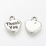 Tibetan Style Alloy Pendants, Heart with Word Thank you, Cadmium Free & Lead Free, Antique Silver, 12.5x11x2mm, Hole: 1.5mm, about 1100pcs/1000g(TIBE-S303-28AS-RS)