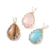 Natural & Synthetic Gemstone Pendants, with Light Gold Tone Copper Wire Wrapped, Teardrop, 36~38x19~20x8~9mm, Hole: 9x4mm(PALLOY-JF01401)