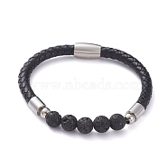 Unisex Leather Cord Bracelets, with Natural Lava Rock Round Beads, 304 Stainless Steel Magnetic Clasps and Rondelle Beads, with Cardboard Packing Box, 8-1/8 inch(20.5cm)(BJEW-JB04852-01)