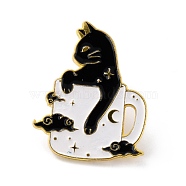 Cat in Cup Enamel Pin, Cute Alloy Enamel Brooch for Backpacks Clothes, Light Gold, White, 30x24x9.5mm(JEWB-C011-10)