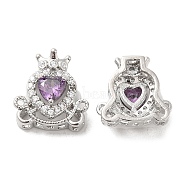 Brass Micro Pave Purple Cubic Zirconia Charms, with Glass, Heart with Crown Charm, Platinum, 14.5x13x6mm, Hole: 1.2mm(KK-F860-74P-01)