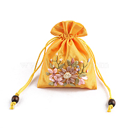 Flower Pattern Satin Jewelry Packing Pouches, Drawstring Gift Bags, Rectangle, Gold, 14x10.5cm(PW-WG90050-10)