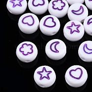 White Opaque Acrylic Beads, Flat Round with Heart & Flower & Moon & Star, Dark Violet, 7x4mm, Hole: 1.6mm(MACR-N008-41G)