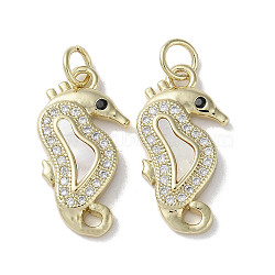 Brass Micro Pave Cubic Zirconia Pendants, with Shell, Real 18K Gold Plated, Sea Horse, 21x10.5x3mm, Hole: 3mm(KK-G485-27B-G)