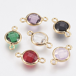 Glass Links connectors, with Brass Findings, Faceted Flat Round, Nickel Free, Real 18K Gold Plated, Mixed Color, 12x7x3mm, Hole: 1.2mm(KK-Q752-007G)