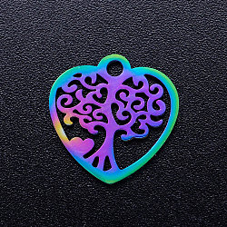 Ion Plating(IP) 201 Stainless Steel Pendants, Heart with Tree of Life, Rainbow Color, 15.5x15.5x1mm, Hole: 1.8mm(STAS-S105-JN193)