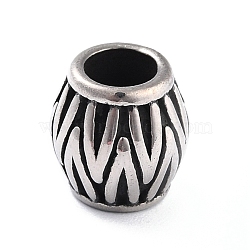 304 Stainless Steel European Beads, Large Hole Beads, Barrel with Floral Pattern, Antique Silver, 11x10.5mm, Hole: 5.5mm(STAS-I190-22AS)