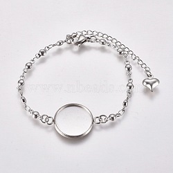 304 Stainless Steel Bracelet Making, with Lobster Claw Clasps and Flat Round Cabochon Settings, Stainless Steel Color, Tray: 16mm, 6-1/4 inch(15.8cm)(STAS-L248-001P)