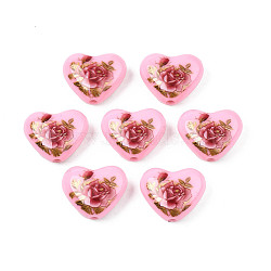 Flower Printed Opaque Acrylic Heart Beads, Pink, 16x19x8mm, Hole: 2mm(SACR-S305-28-H03)