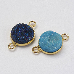 Electroplated Natural & Dyed Druzy Agate Links connectors, with Golden Tone Brass Findings, Flat Round, Mixed Color, 21~21.5x13x4~6.5mm, Hole: 2mm(G-F397-06)