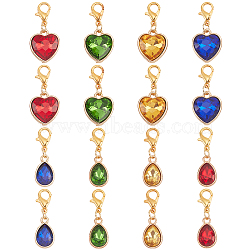 16Pcs 2 Style Alloy with Glass Rhinestone Pendant Decorations, with Alloy Lobster Claw Clasps, Teardrop & Heart, Mixed Color, 2.8~3cm, 8pcs/style(HJEW-AB00209)