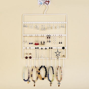 Rectangle Wall-mounted Iron Jewelry Display Rack, Jewelry Hanging Organizer Holder with Hook for Bracelet, Necklace, Earrings Storage, White, 36x27cm