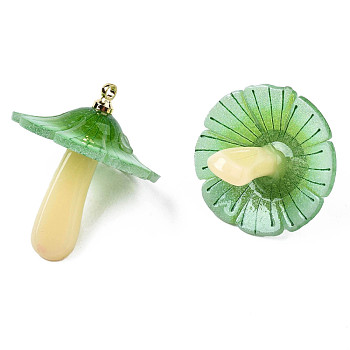 Plastic Pendants, with Acrylic and Golden Plated Brass Loops, Mushroom, Sea Green, 23x17~18mm, Hole: 1.5mm