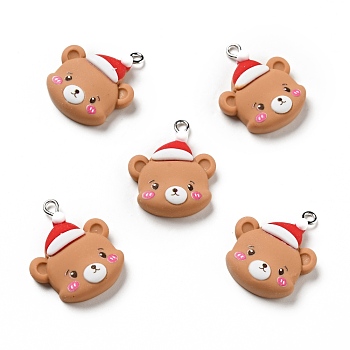 Christmas Opaque Resin Pendants, with Platinum Tone Iron Loops, Bear with Christmas Hat Charm, Camel, 27x22x7.5mm, Hole: 2x2.5mm