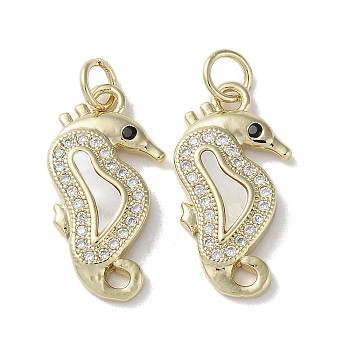 Brass Micro Pave Cubic Zirconia Pendants, with Shell, Real 18K Gold Plated, Sea Horse, 21x10.5x3mm, Hole: 3mm