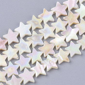 Freshwater Shell Beads Strands, AB Color Plated, Undyed, Star, Creamy White, 12~13x12~13x3mm, Hole: 0.9mm, about 38~40pcs/strand, 15.33 inch(38.95cm) 