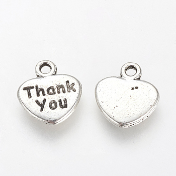Tibetan Style Alloy Pendants, Heart with Word Thank you, Cadmium Free & Lead Free, Antique Silver, 12.5x11x2mm, Hole: 1.5mm, about 1100pcs/1000g