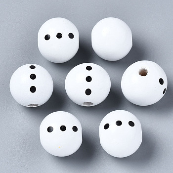 Painted Natural Wood European Beads, Large Hole Beads, Printed, Round, White, 20x18mm, Hole: 4mm
